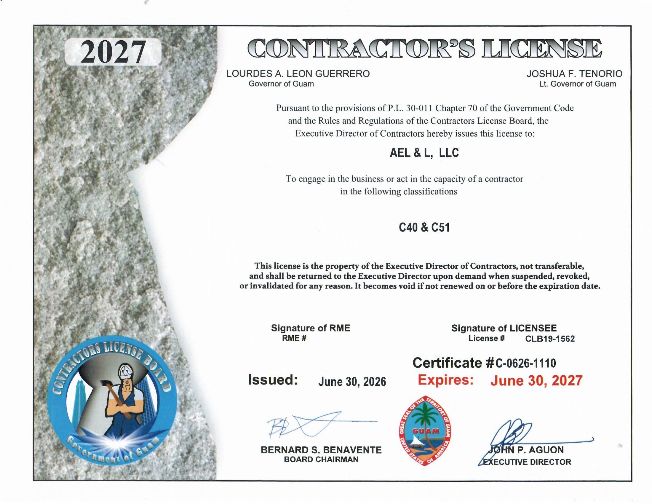 AEL&L Guam HVAC contractor license CLB19-1562 valid through June 30, 2027