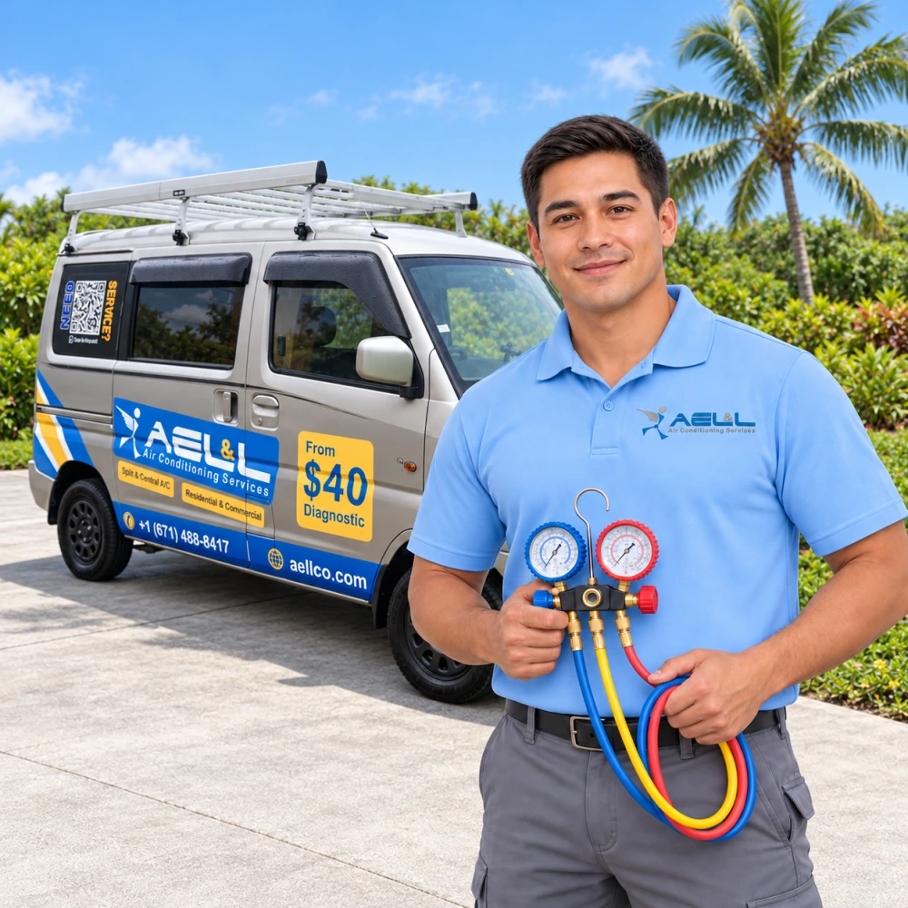 HVAC technician with manifold gauges beside an AEL&L service van