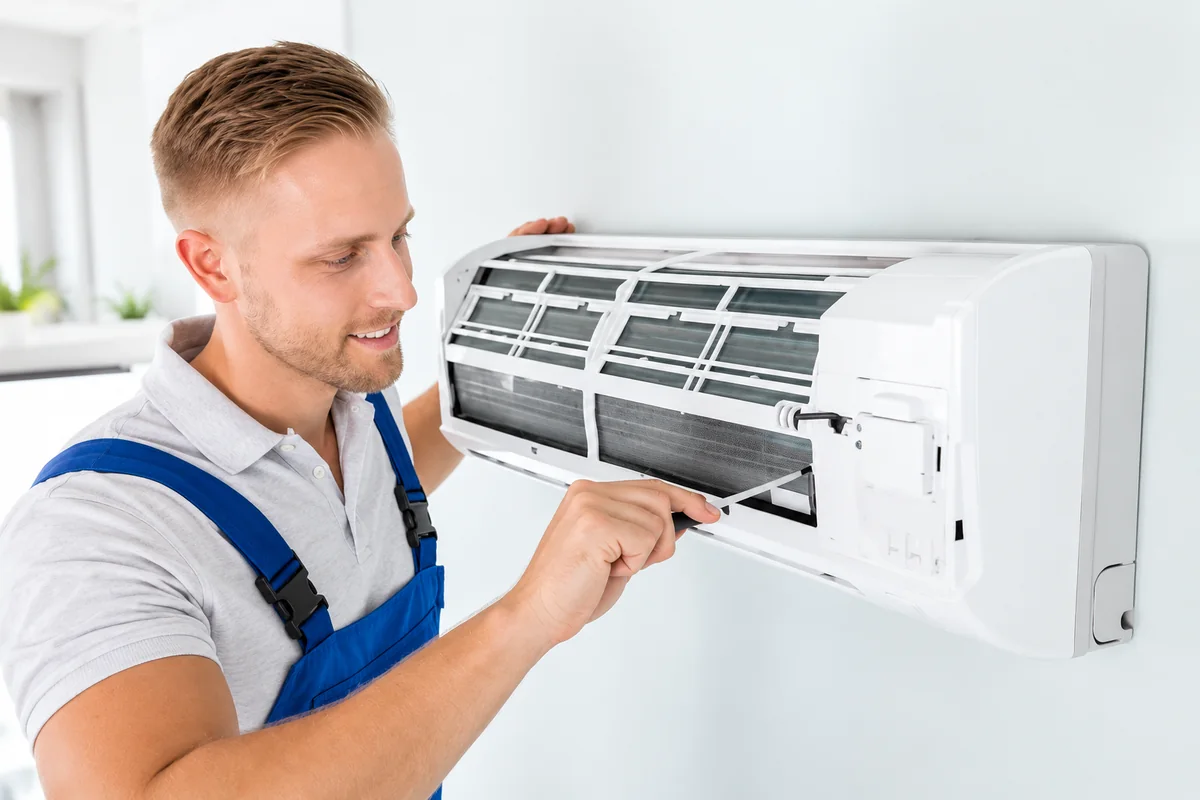 Technician servicing a wall-mounted air conditioner