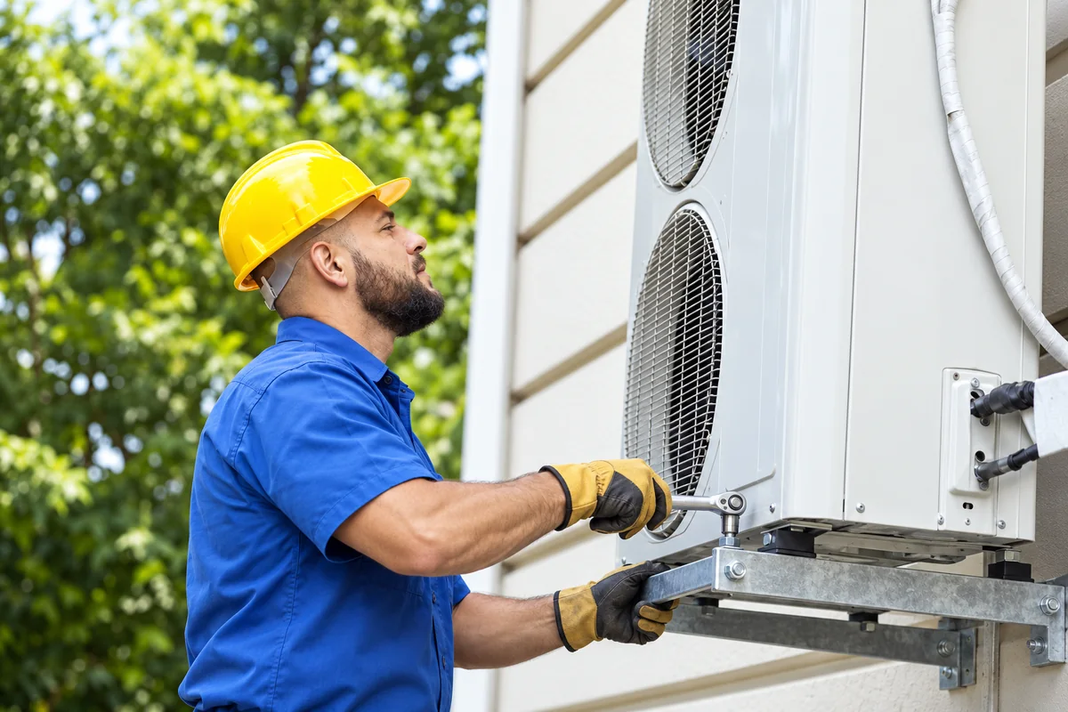 Technician securing an outdoor air conditioner to its mounting bracket