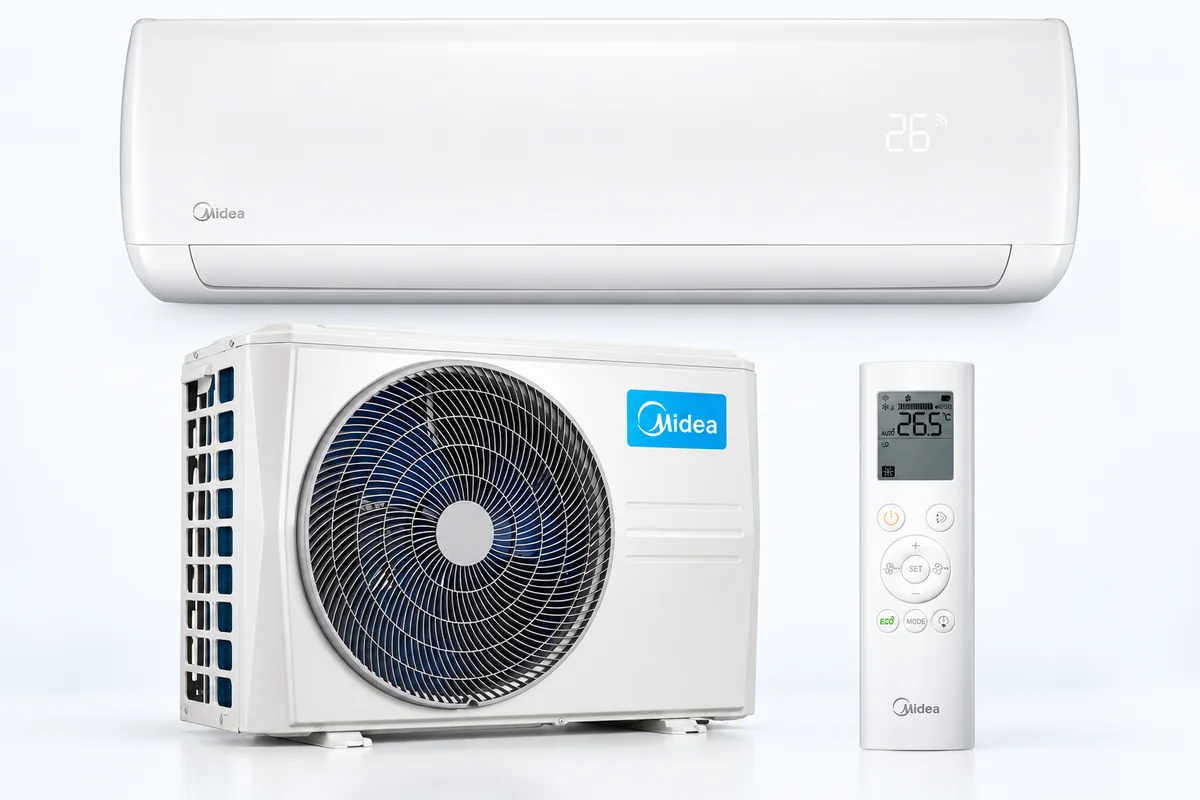 Midea indoor and outdoor air conditioning units with remote control