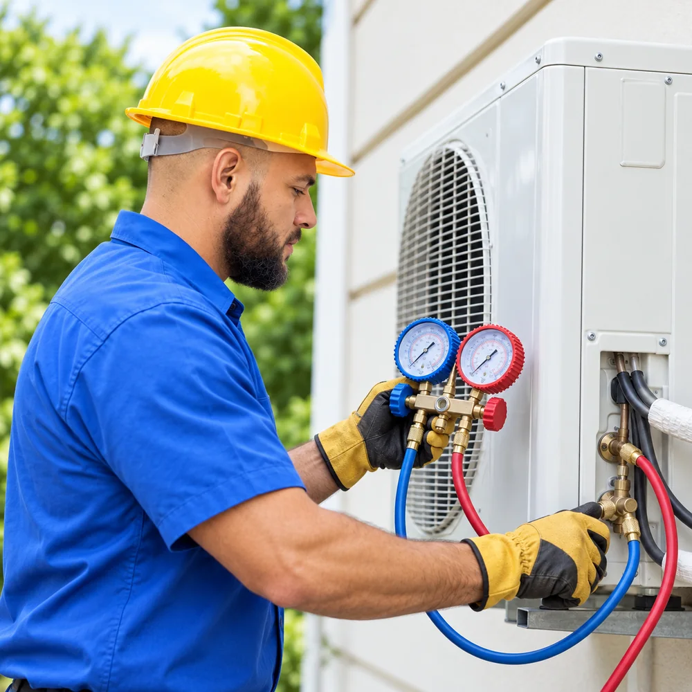 Technician checking air conditioner refrigerant pressure with manifold gauges