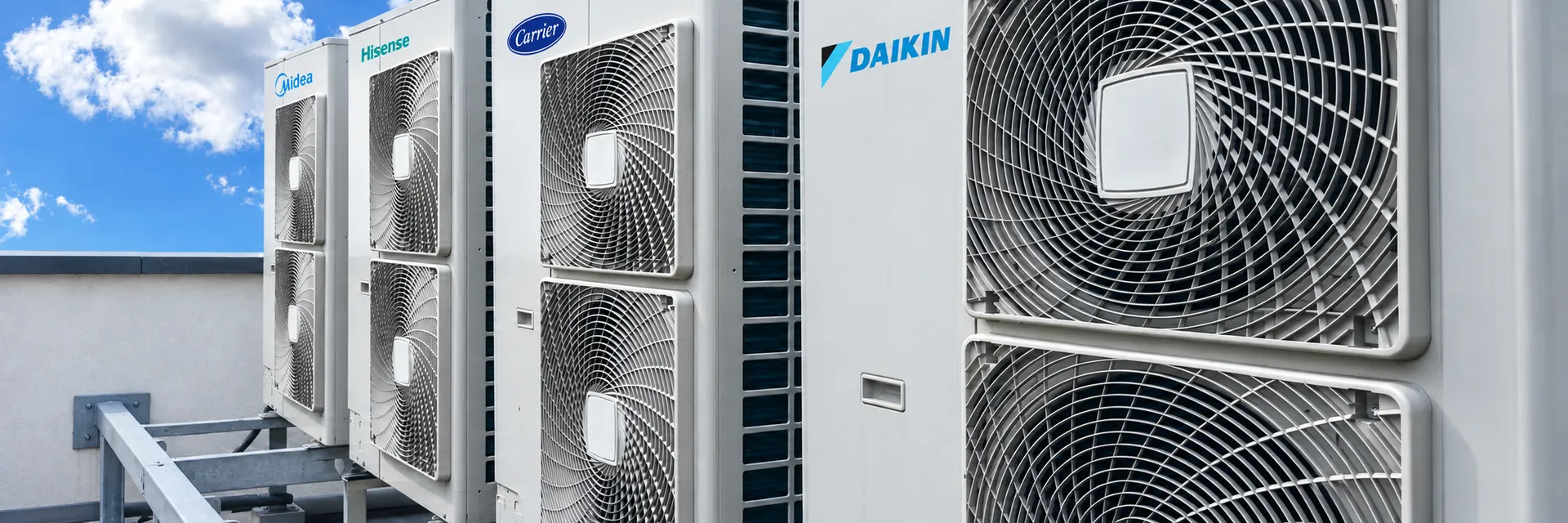 Four outdoor air conditioning units: Midea, Hisense, Carrier and Daikin, left to right